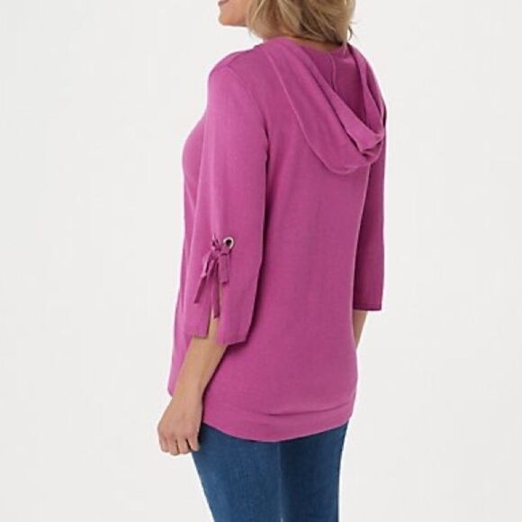 Isaac Mizrahi SOHO 3/4-Sleeve Hooded Tie Sweater - Picture 2 of 6